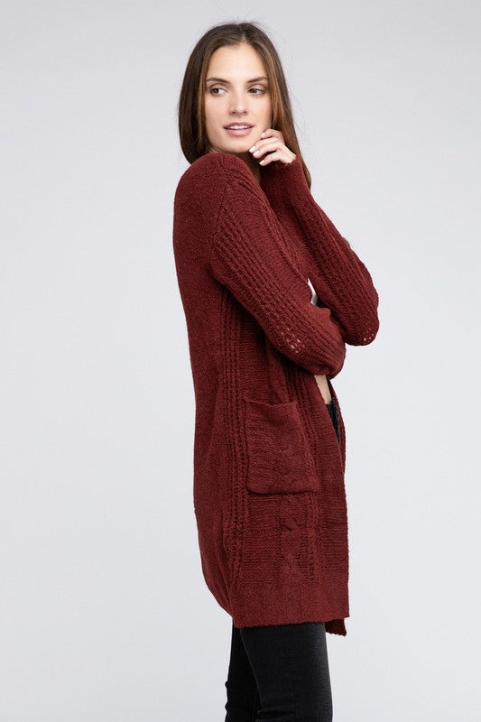 Twist Knitted Open Front Cardigan With Pockets cardigan