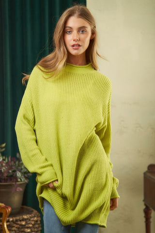 Solid Mock Neck Long Sleeve Knit Sweater Apple Green Sweater