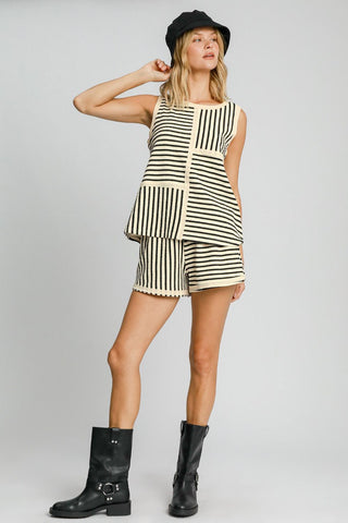 Umgee Round Neck Texture Striped Tank Top