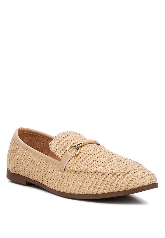 Asher Horsebit Embellished Raffia Loafers Beige loafers