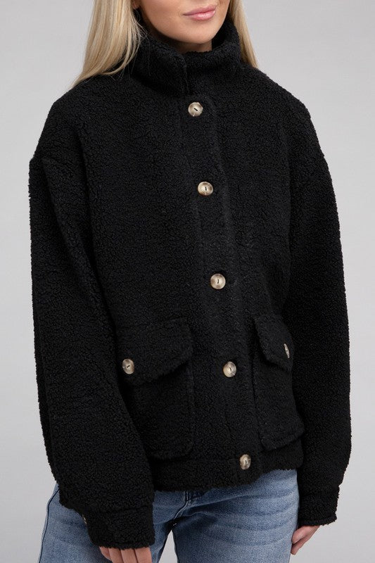 Cozy Sherpa Button-Front Jacket Black Jacket