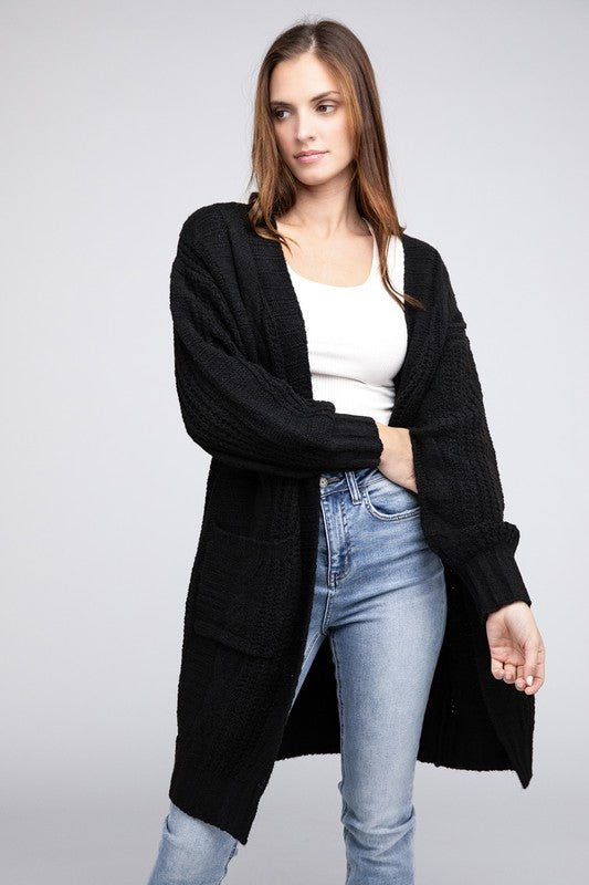 Twist Knitted Open Front Cardigan With Pockets BLACK cardigan