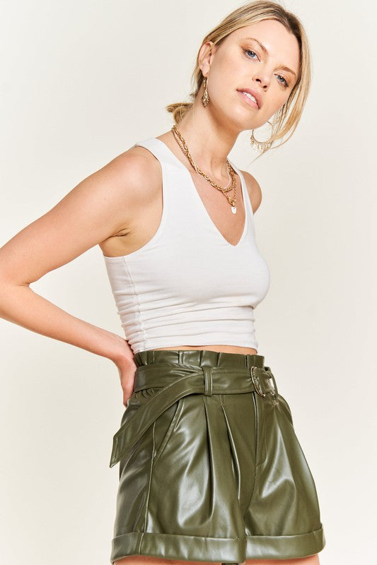 High-rise waist Belted Faux Leather Short Shorts