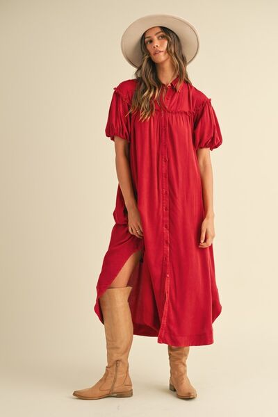 Mineral Washed Button Down Puff Sleeve Shirt Dress Dress