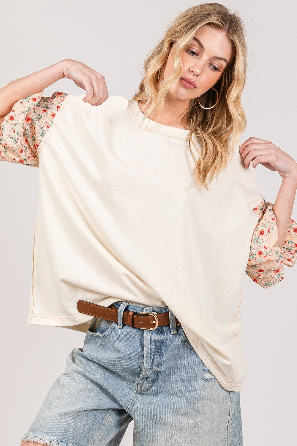 SAGE + FIG Round Neck Bubble Sleeve Oversize Top top