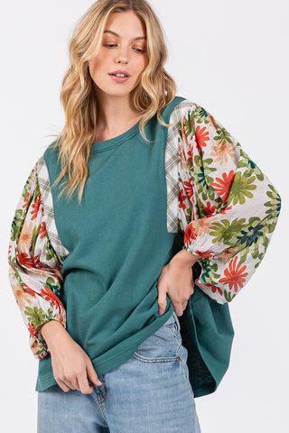 Printed Balloon Sleeve Contrast Top top