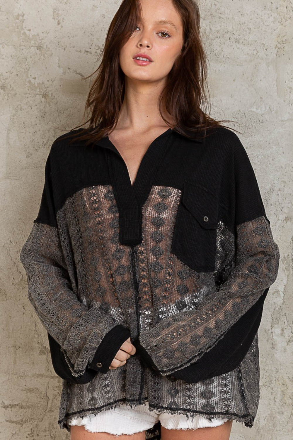 POL Johnny Collar Long Sleeve Lace Blouse Black Shirt