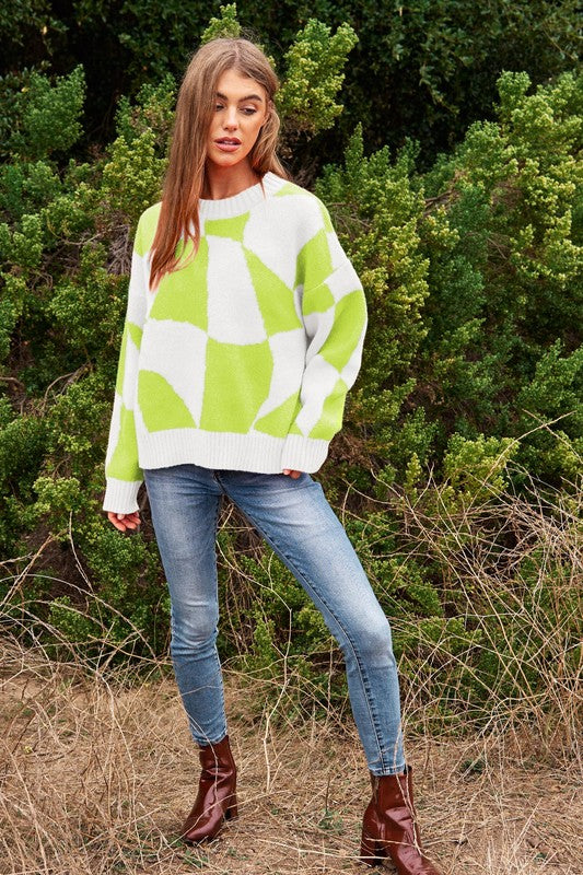 Multi Geo Checker Pullover Knit Sweater Top Sweater