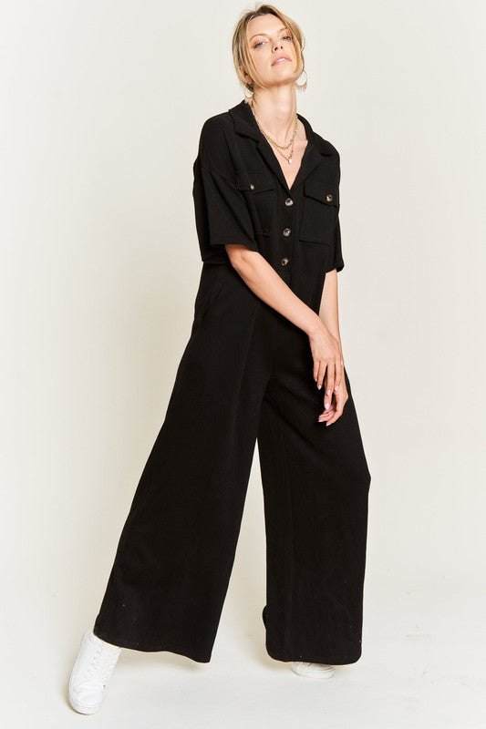Basic Collar Shirt Wide leg Jumpsuit BLACK Jumpsuits and Rompers