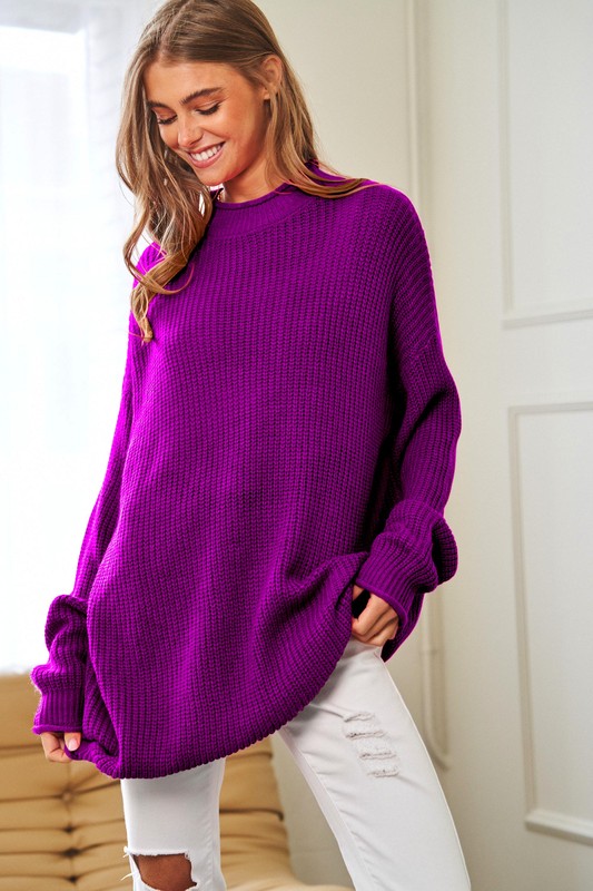 Solid Mock Neck Long Sleeve Knit Sweater Magenta Sweater