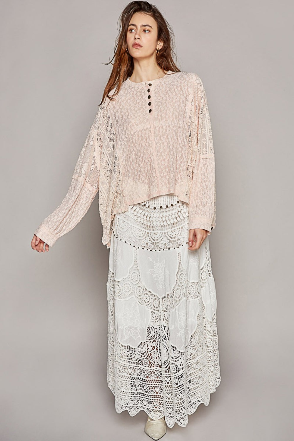 POL Round Neck Long Sleeve Raw Edge Lace Top Top