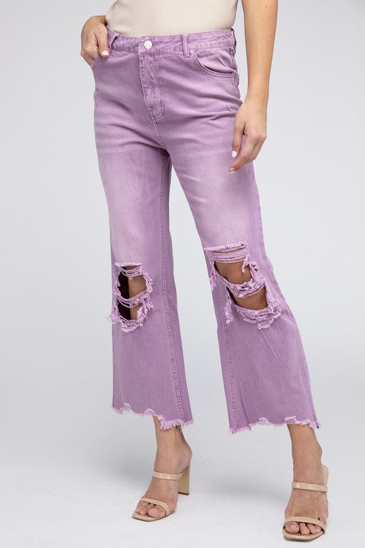 Distressed Vintage Washed Wide Leg Pants VINTAGE LAVENDER Jeans