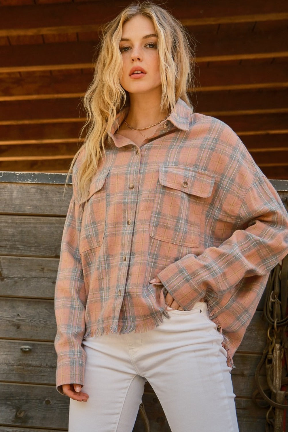 Plaid Button Up Raw Hem Shirt Shirt