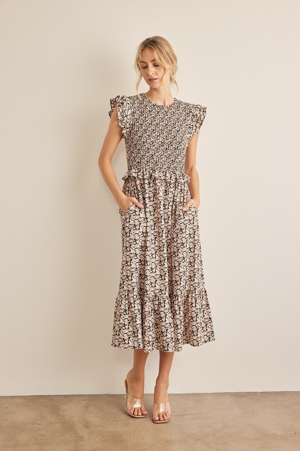 In February Floral Smocked Ruffled Midi Dress Black Peach dress