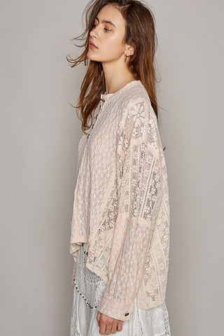 POL Round Neck Long Sleeve Raw Edge Lace Top Top