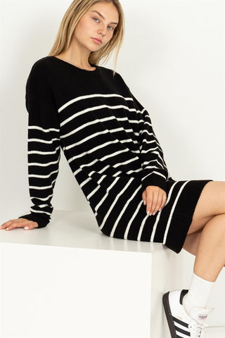 Casually Chic Striped Sweater Dress BLACK/CREAM Dress