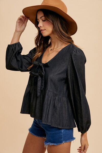 Tie Front Peplum Long Sleeve Denim Top shirt