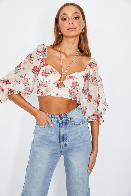 Chiffon Balloon Sleeved Bustier Crop Top RED Top