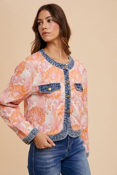 Floral Jacquard Denim Contrast Button Down Jacket Jacket