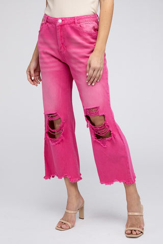 Distressed Vintage Washed Wide Leg Pants FUCHSIA Jeans