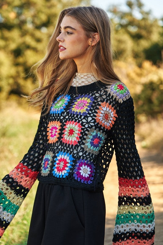 Floral Crochet Striped Sleeve Cropped Knit Sweater Sweater