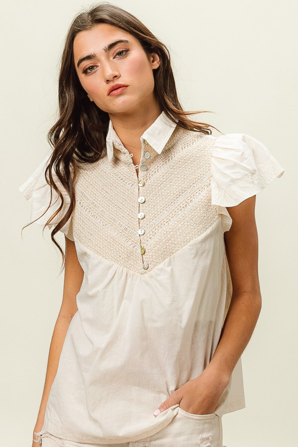 BiBi Half Button Collared Neck Short Sleeve Top Ivory top