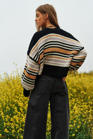 Chunky Knit Multi-Striped Open Sweater Cardigan cardigan