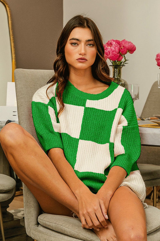 BiBi Checkered Contrast Round Neck Sweater Jade Sweater