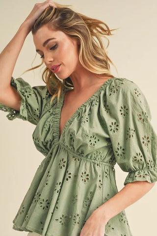 Eyelet Embroidered V-Neck Half Sleeve Peplum Blouse Tops