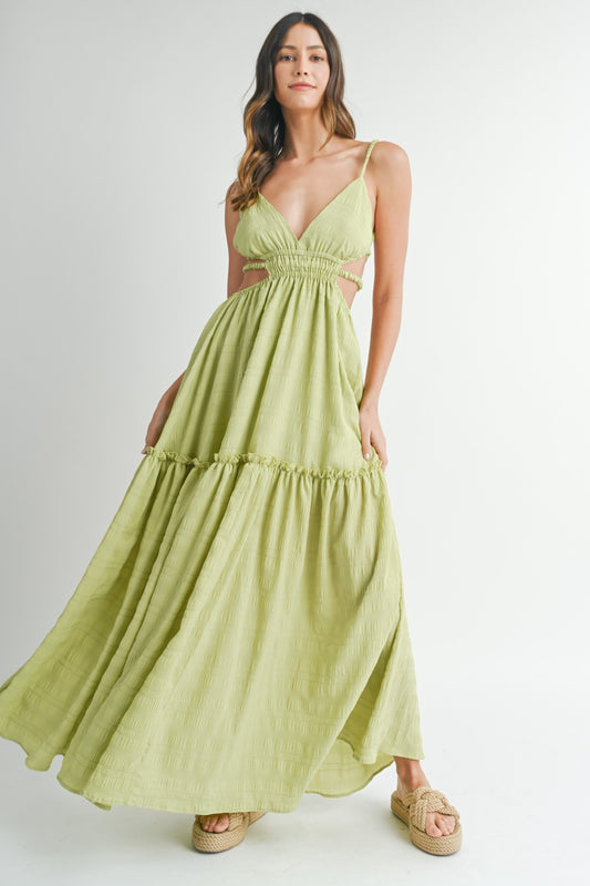 MABLE Cutout Waist Backless Maxi Dress Sage Dress