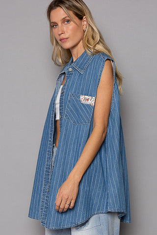 POL Button Down Sleeveless Striped Denim Shirt Top