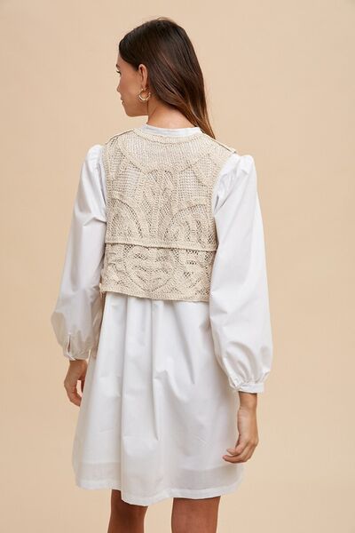 Crochet Vest Notched Long Sleeve Shirt Dress Dess