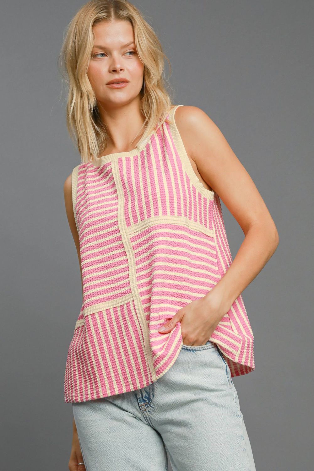 Umgee Round Neck Texture Striped Tank Pink Top