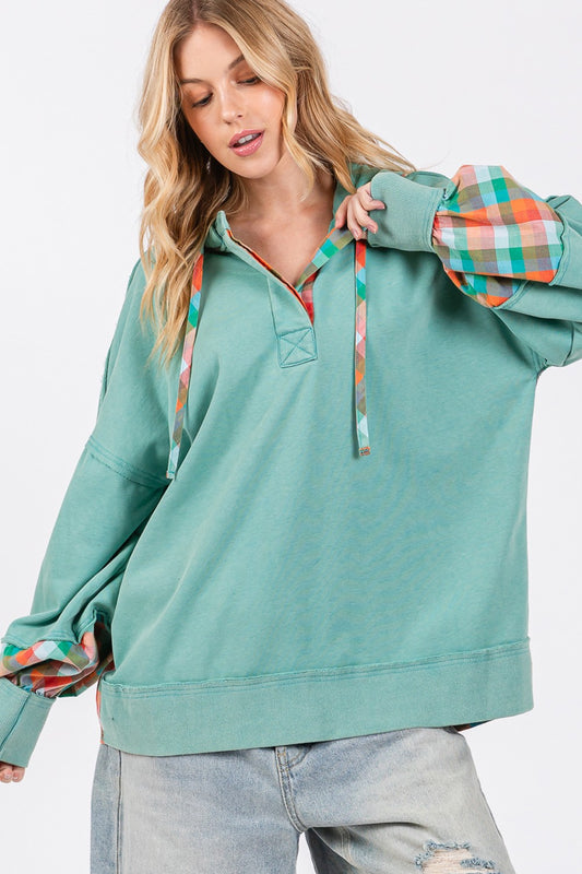 Plaid Print Washed Hoodie Eucalyptus sweatshirt