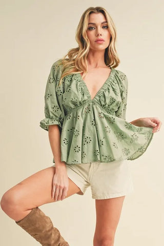 Eyelet Embroidered V-Neck Half Sleeve Peplum Blouse Tops