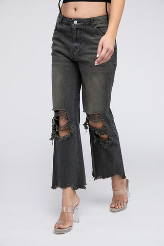 Distressed Vintage Washed Wide Leg Pants BLACK CHARCOAL Jeans