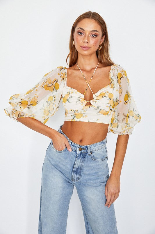 Chiffon Balloon Sleeved Bustier Crop Top Top