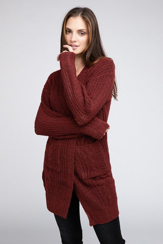 Twist Knitted Open Front Cardigan With Pockets MARSALA cardigan