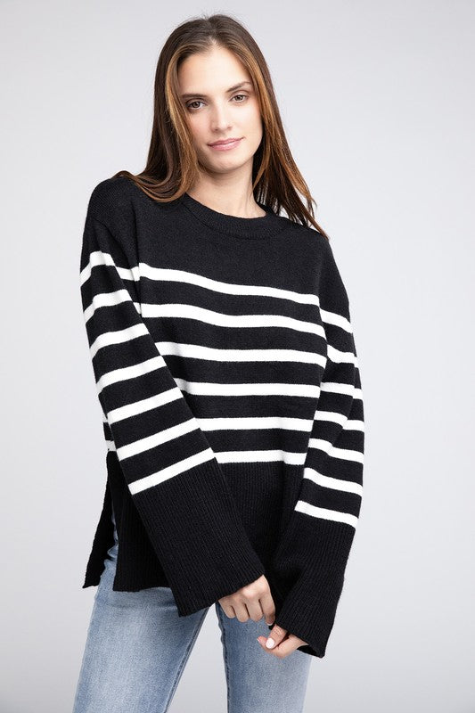 Ribbed Hem Stripe Sweater BLACK Sweater