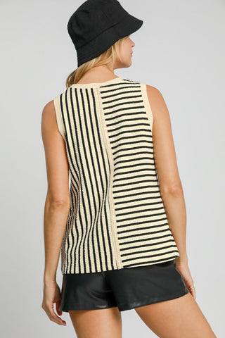 Umgee Round Neck Texture Striped Tank Top