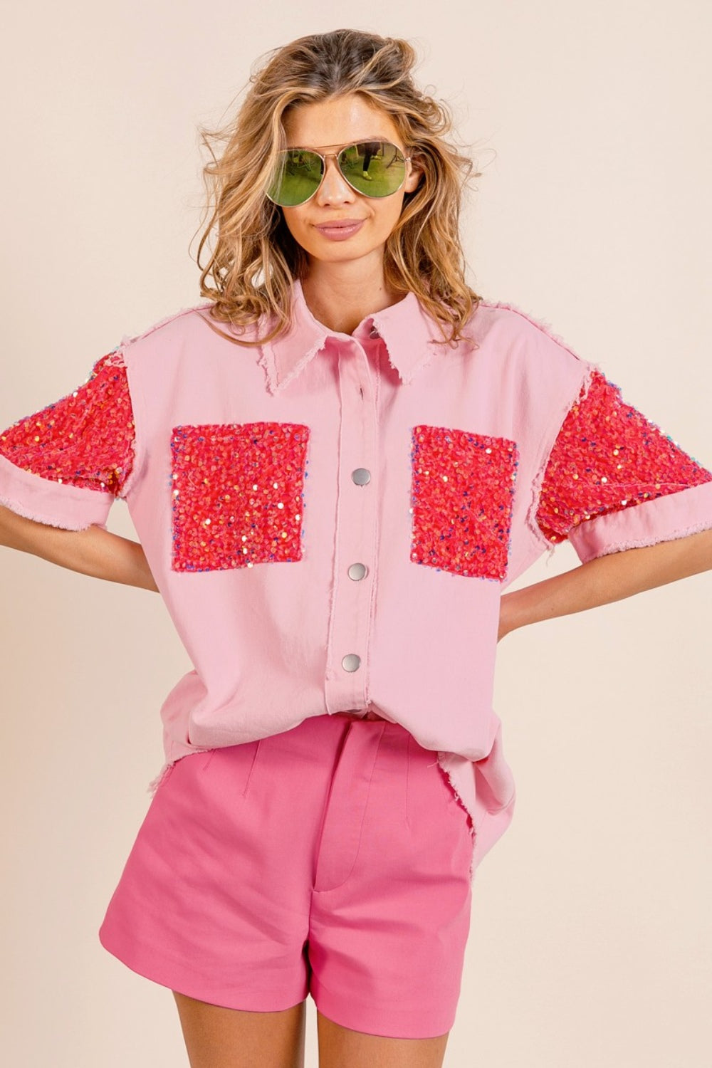 BiBi Sequin Detail Raw Hem Short Sleeve Shirt Shirt