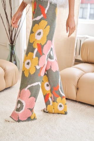 Flower Printed Casual Cozy Full Long Wide Pants SAGE PINK Pants