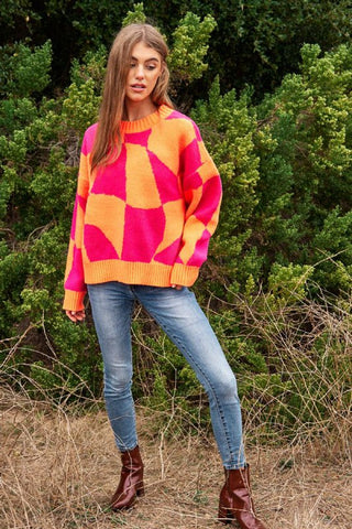 Multi Geo Checker Pullover Knit Sweater Top Sweater