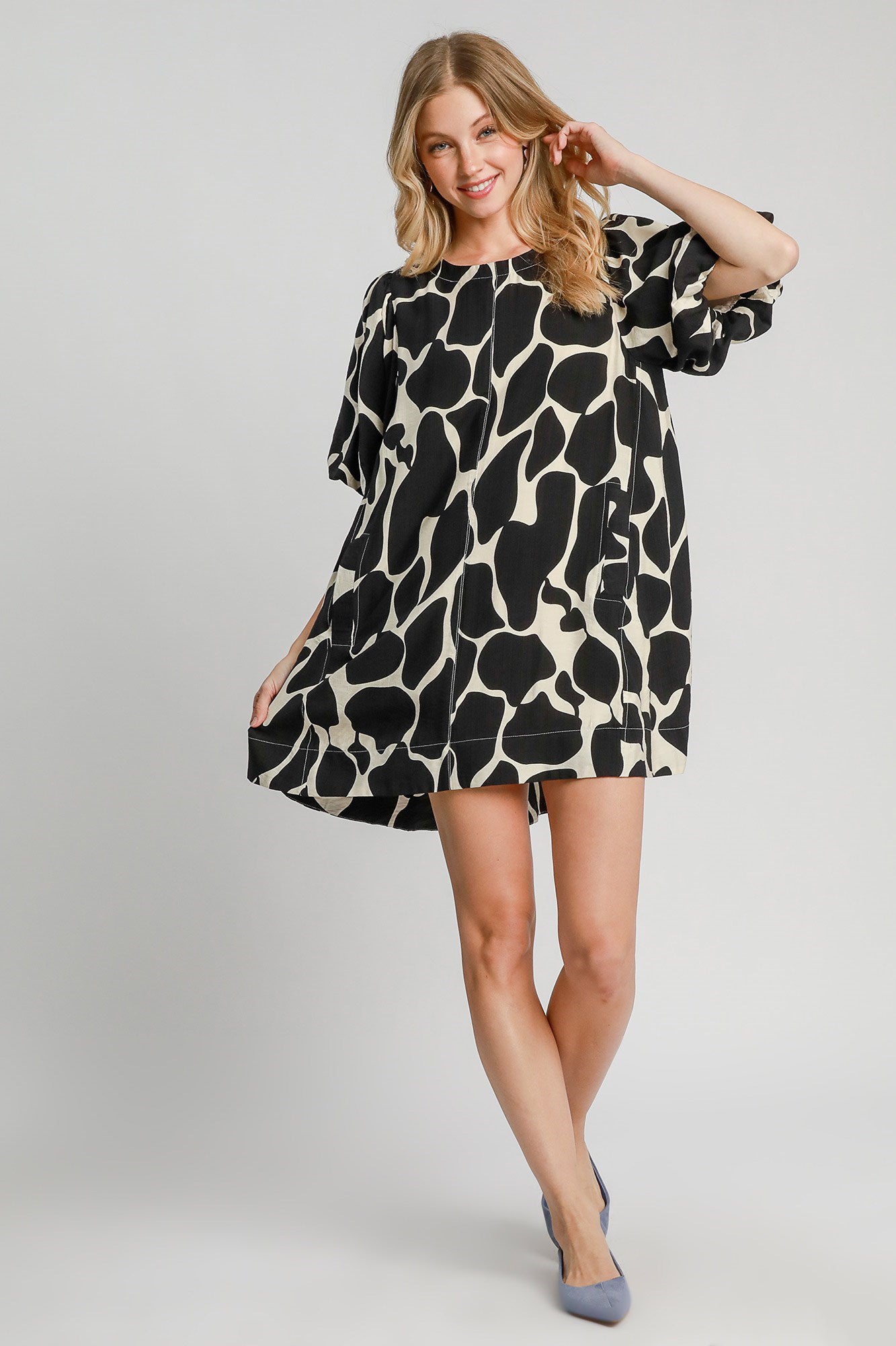 Umgee Full Size Two Tone Abstract Print Puff Sleeve Dress Plus Size Dress