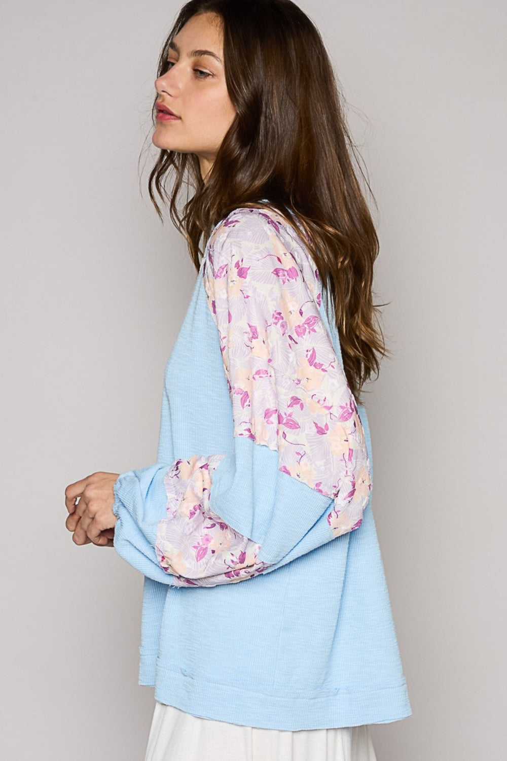 POL Round Neck Balloon Floral Long Sleeve Top Top