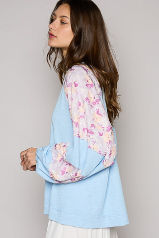 POL Round Neck Balloon Floral Long Sleeve Top Top