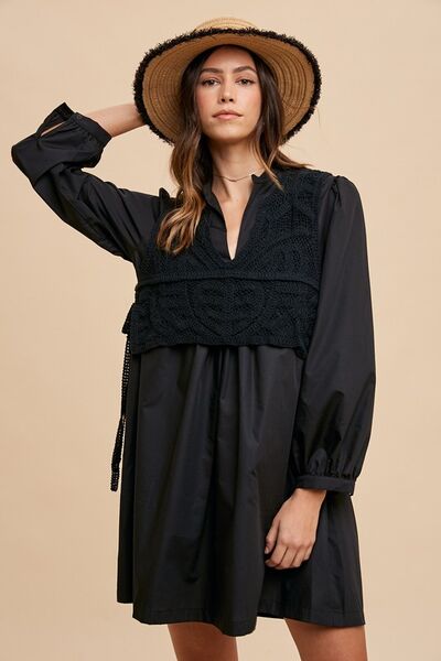 Crochet Vest Notched Long Sleeve Shirt Dress Black Dresses