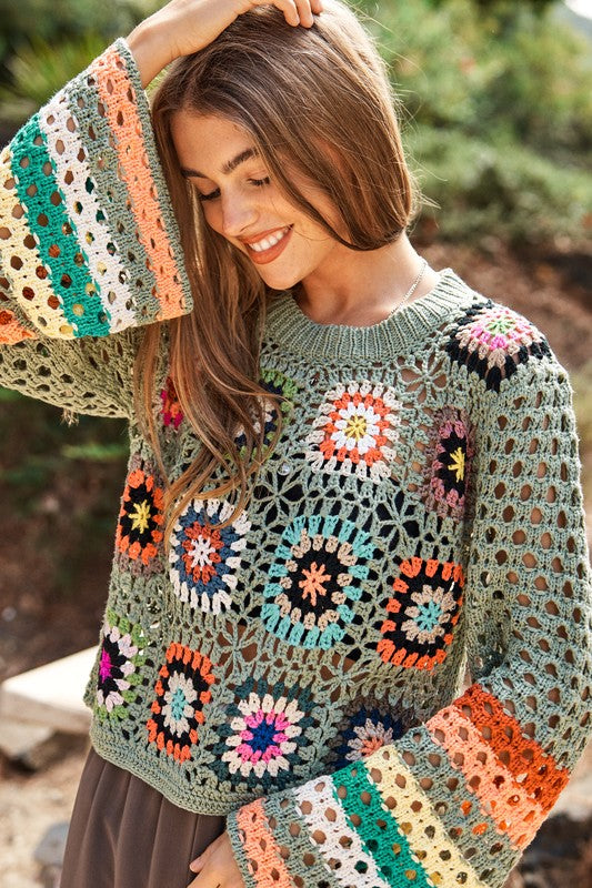 Floral Crochet Striped Sleeve Cropped Knit Sweater Sage Sweater