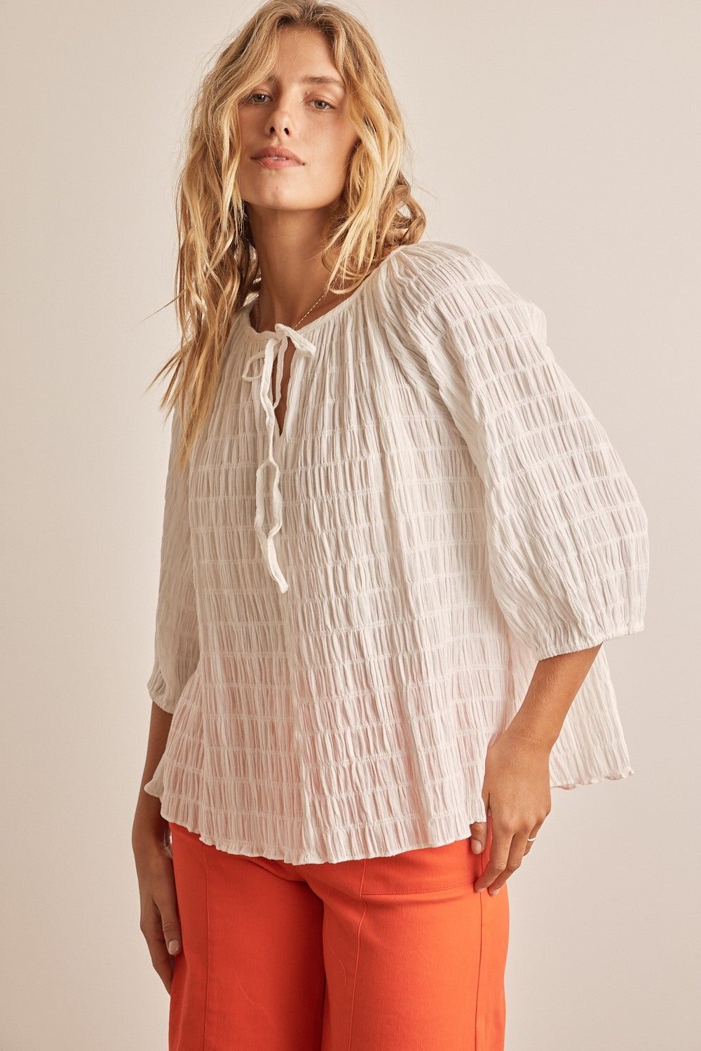 In February Textured Tie Neck Blouse Off White