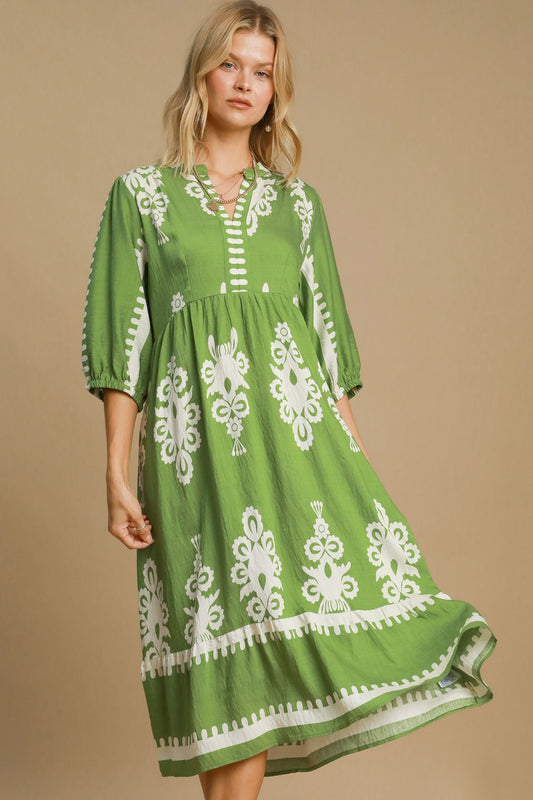 Umgee Printed Notched Midi Dress Lime Dress